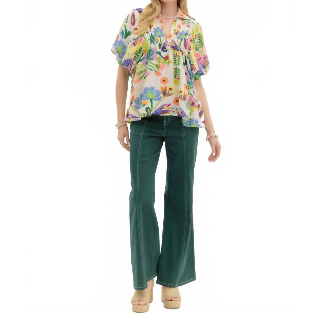 NEW ENTRO floral smocked collar bubble sleeve top in multi - Picture 8 of 8